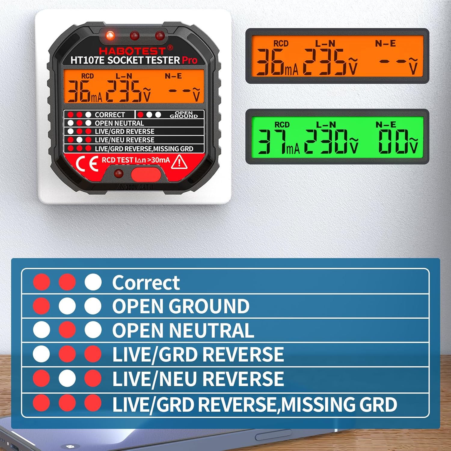 Socket Tester RCD Plug Outlet Tester LCD 90-250V