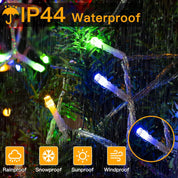String lights with IP44 waterproof label on a rainy day background
