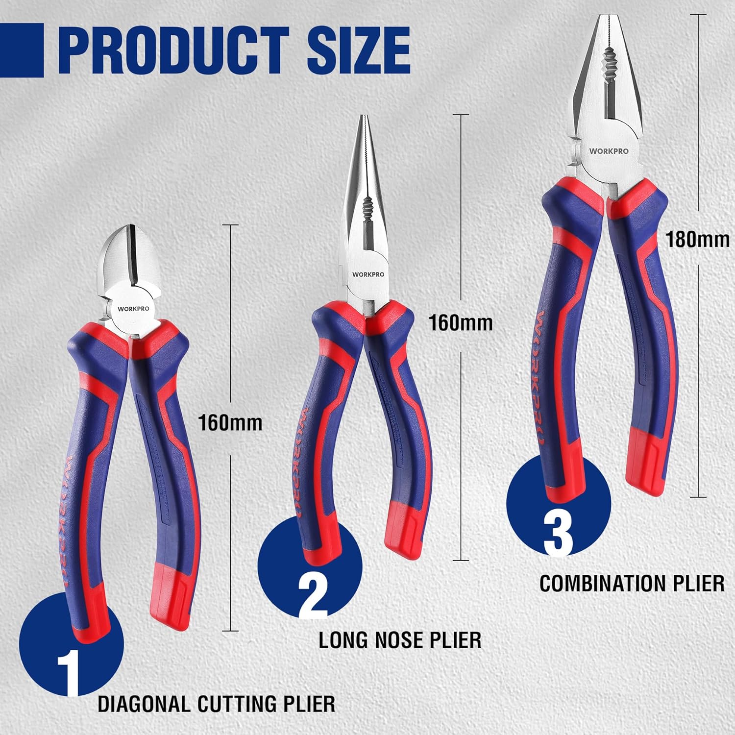 WORKPRO 3 Piece Pliers Set Carbon Steel Soft Grip