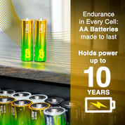 Ultra Tech AA batteries with text highlighting endurance and power duration.