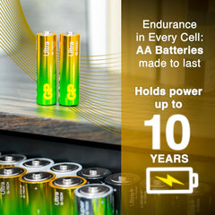 Ultra Tech AA batteries with text highlighting endurance and power duration.