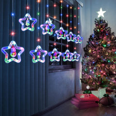 LED Star Curtain Lights 3.5M x 3.5M, Multicoloured Christmas Window Fairy Lights with 8 Flashing Modes, USB + Battery Powered 3D Twinkle Curtain String Lights for Indoor Xmas Party Decor