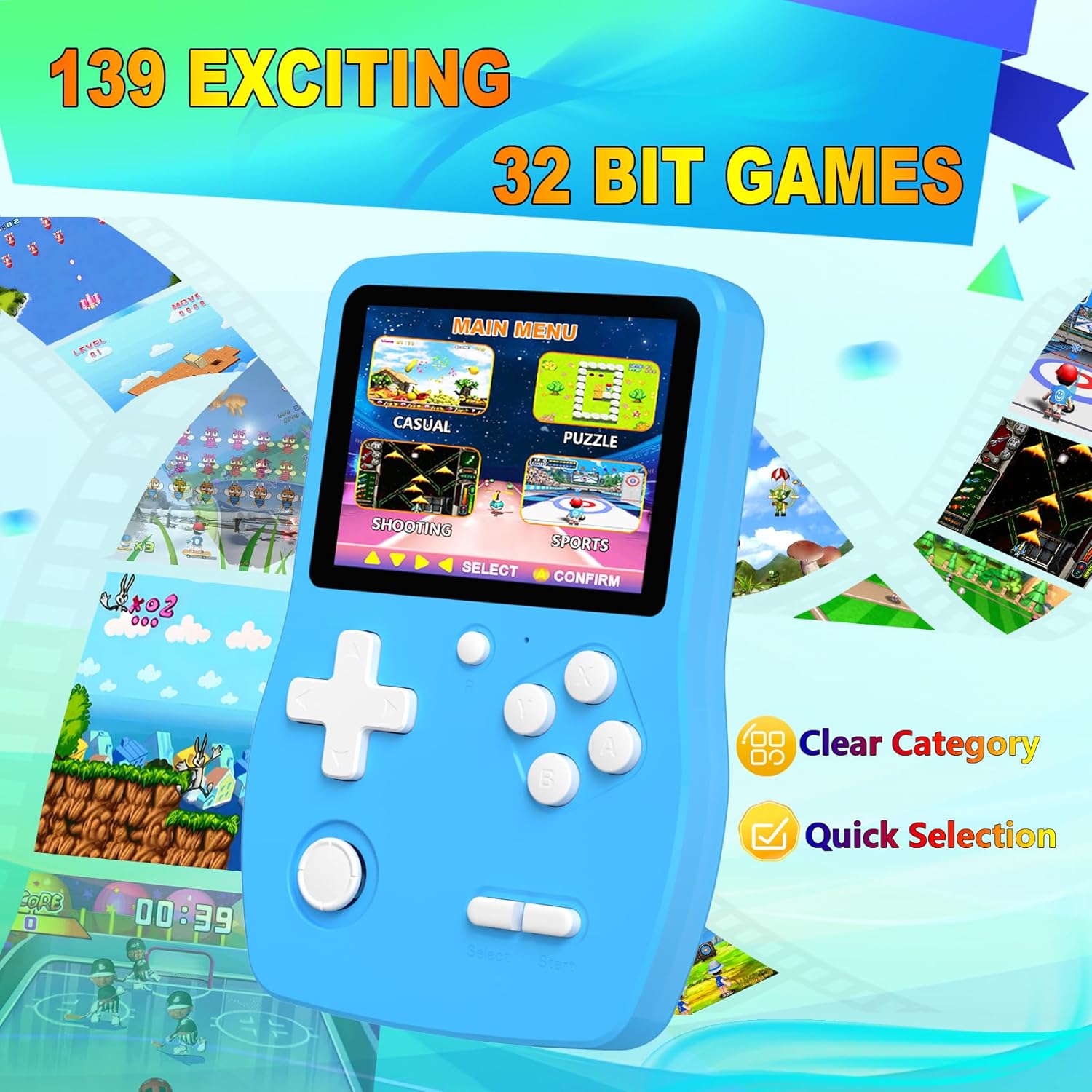 Portable 32-Bit Handheld Game Player – 139 Built-in Games, 3.0" Screen, Rechargeable