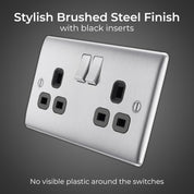 Double Switched 13A Power Socket – Brushed Steel