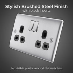 Double Switched 13A Power Socket – Brushed Steel
