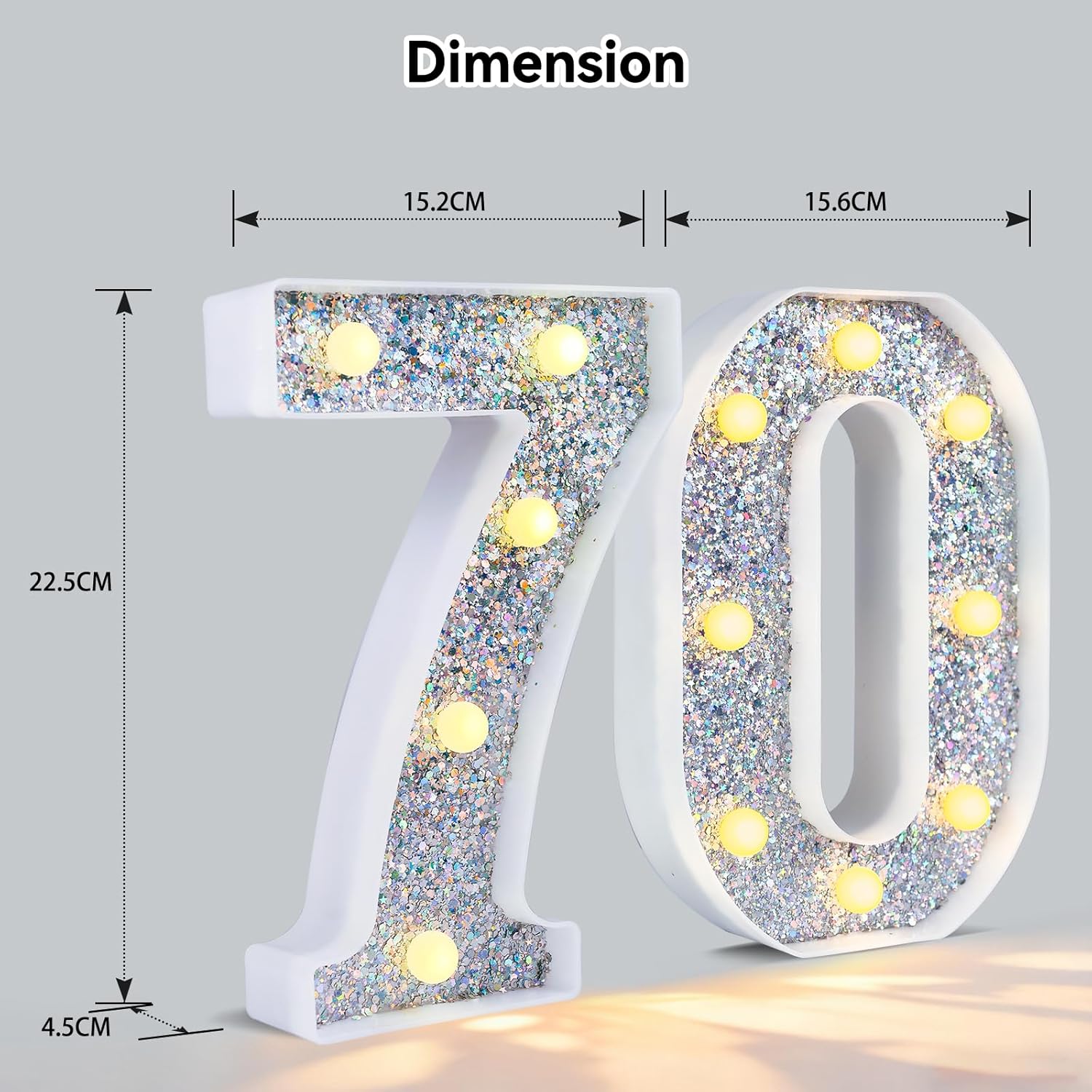 LED Silver Number 70 Light – Battery Powered Party Decoration