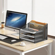 Desk Organiser with 3 Mesh Paper Trays & 2 Upright File Holders – Black Letter Tray