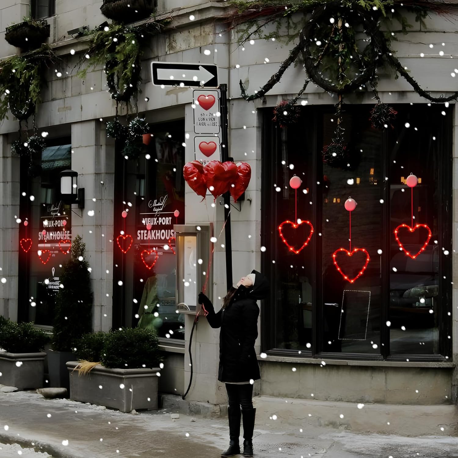 3 Pack Valentine Heart Window Lights with Timer – Battery Powered Red LED Hanging Decor