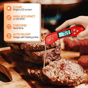 Digital Instant Read Meat Thermometer Red – Ultra-Fast Cooking Probe with Backlit LCD