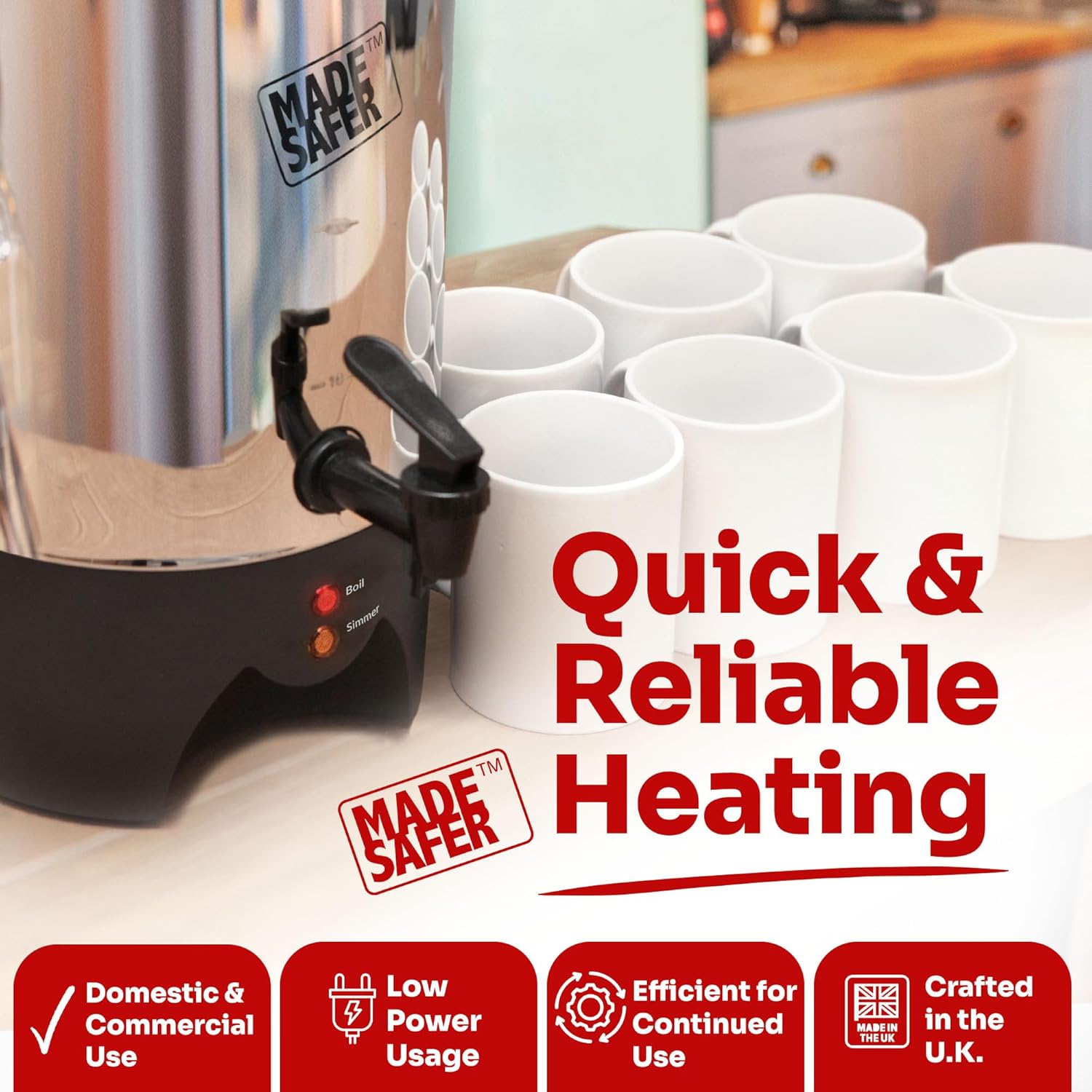 Made Safer 16L Hot Water Urn – Low Energy Boiling Water Dispenser for Tea & Hot Drinks – Versatile & Efficient – UK Design