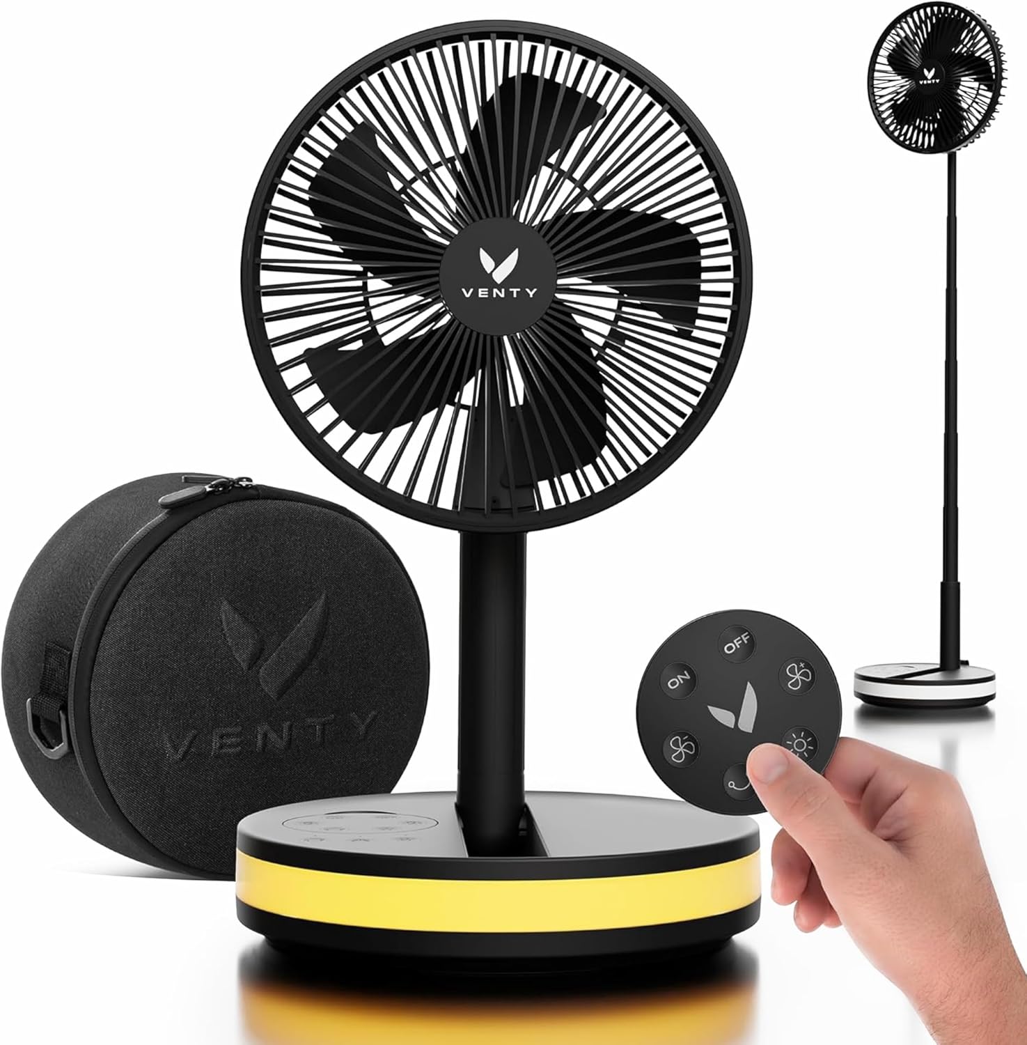 VENTY Portable Fan - Wireless Battery Operated, 48HR Run Time 16000MAH Battery, Oscillating Rechargeable Fans, Remote Control & LED Lighting, Folding Telescopic Camping Fan (White with Case)