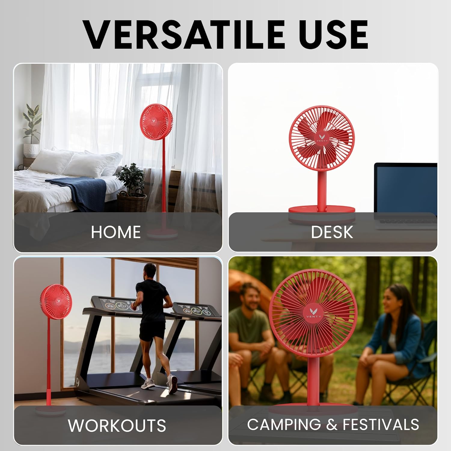 VENTY Portable Fan - Wireless, Battery Operated, 48HR Run Time, Oscillating, Remote Control & LED Lighting, Folding Telescopic Camping Fan (Red with Case)