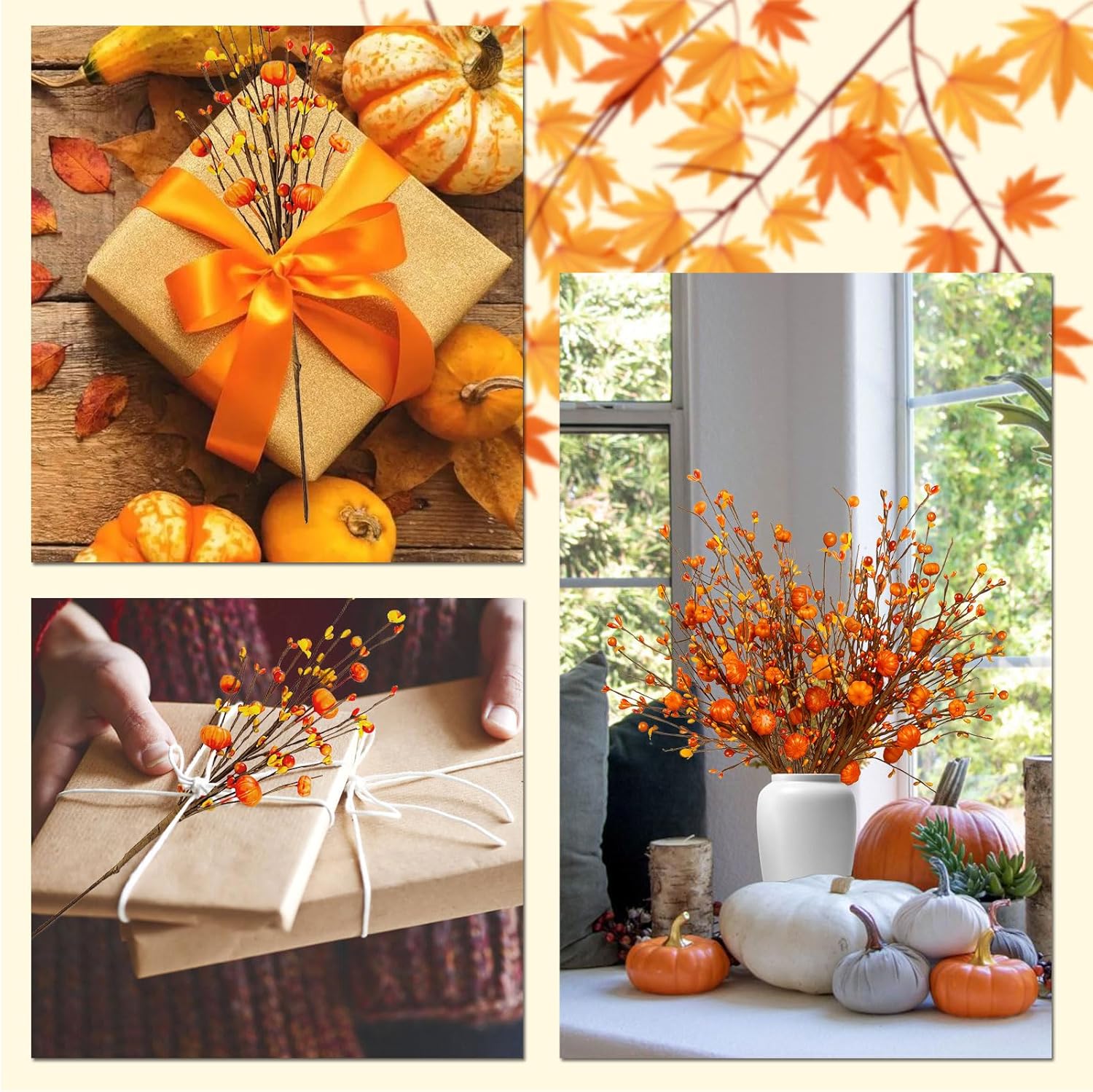6 Bundles Autumn Leaves & Flowers – Artificial Pumpkin Berry Picks Décor