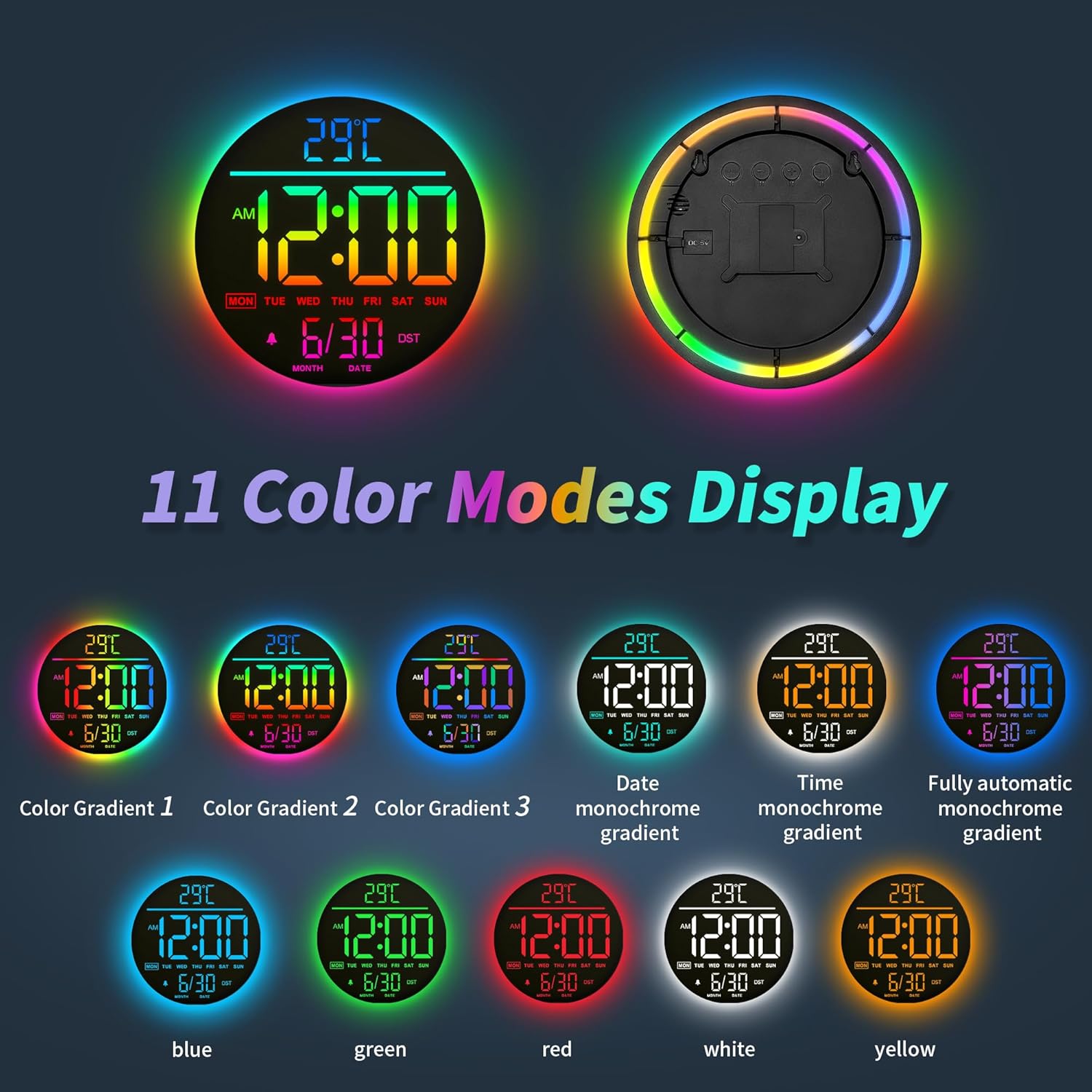 10'' Digital LED Wall Clock – Night Light, Alarm, Remote, RGB, Temp & Date