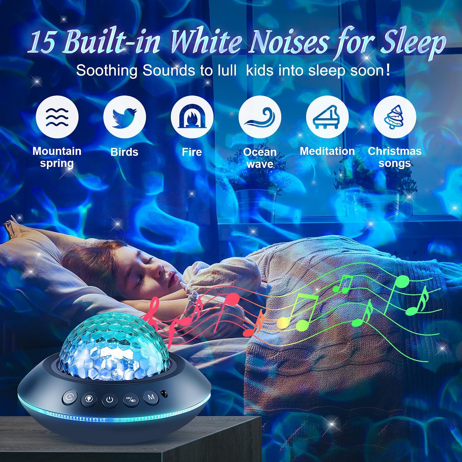 Galaxy Projector with 128 Lighting Modes – Night Light, Bluetooth Speaker & 15 White Noise Ocean Wave Projector Lights, Night Light For Kids, Bedroom Light