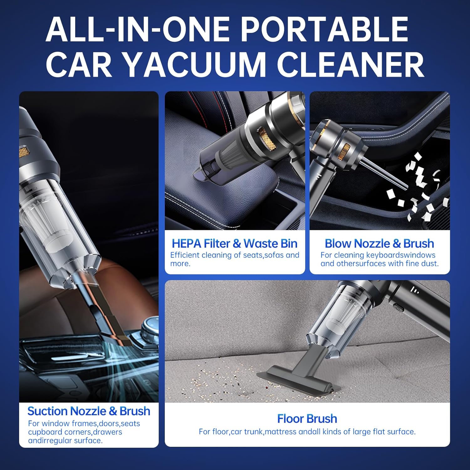 4-in-1 Cordless Handheld Mini Vacuum | 23000Pa Powerful Suction Portable USB Rechargeable Cleaner for Car, Home, Office & Pet Hair | Lightweight Compact Design (Black)