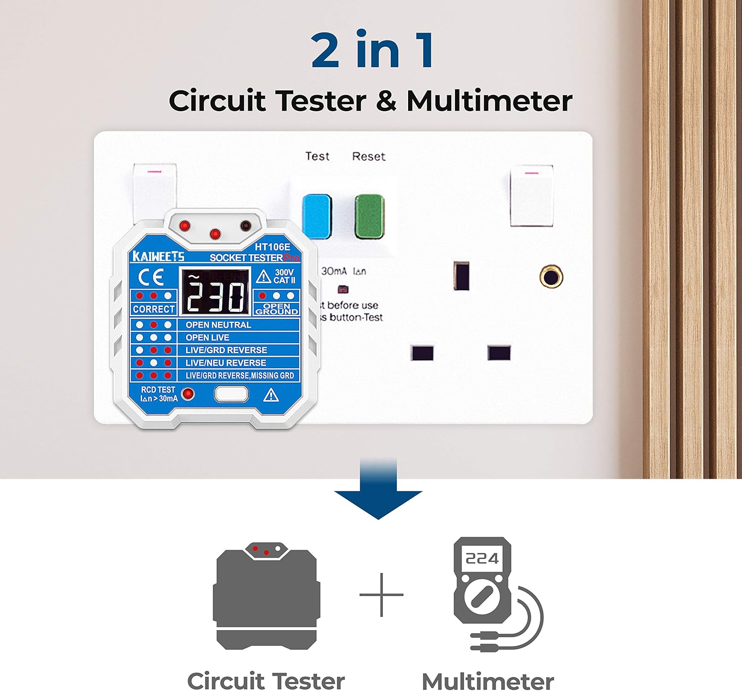 KAIWEETS HT106E Socket Tester UK, RCD Plug Socket Tester Electrical Voltage Tester with LCD Display for Neutral/Live/EarthWire/RCD Testing, CAT II 300V, Includes 7 Visual Indications and Wiring Legend