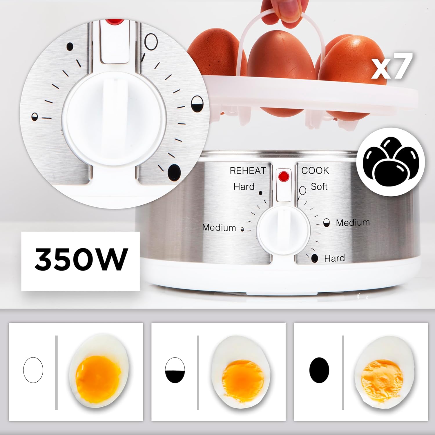 Electric Egg Boiler EB35 350W 7-Egg Steamer with Omelette & Poaching Trays – White & Stainless Steel