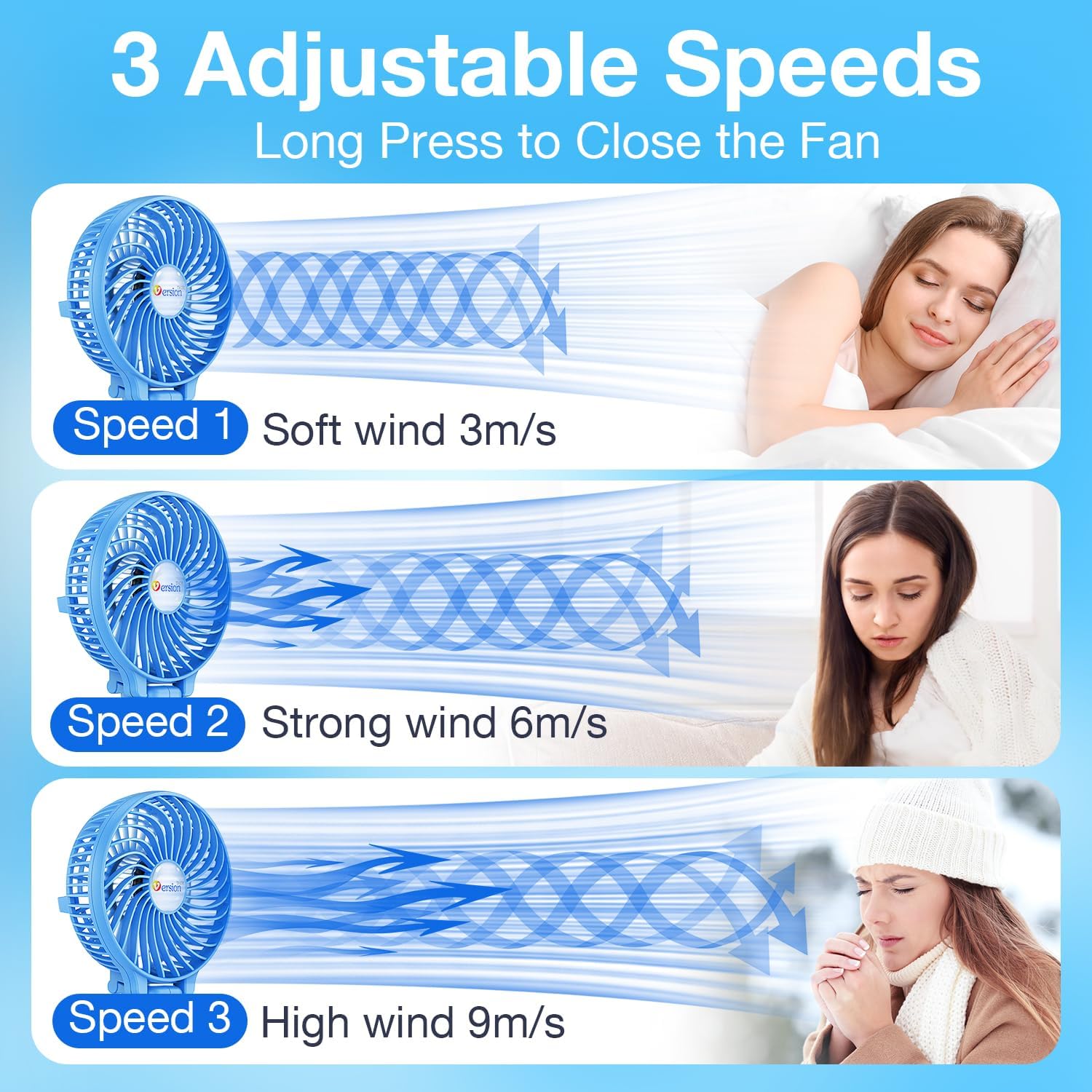 Mini Foldable USB Handheld Desk Fan 3 Speed Blue