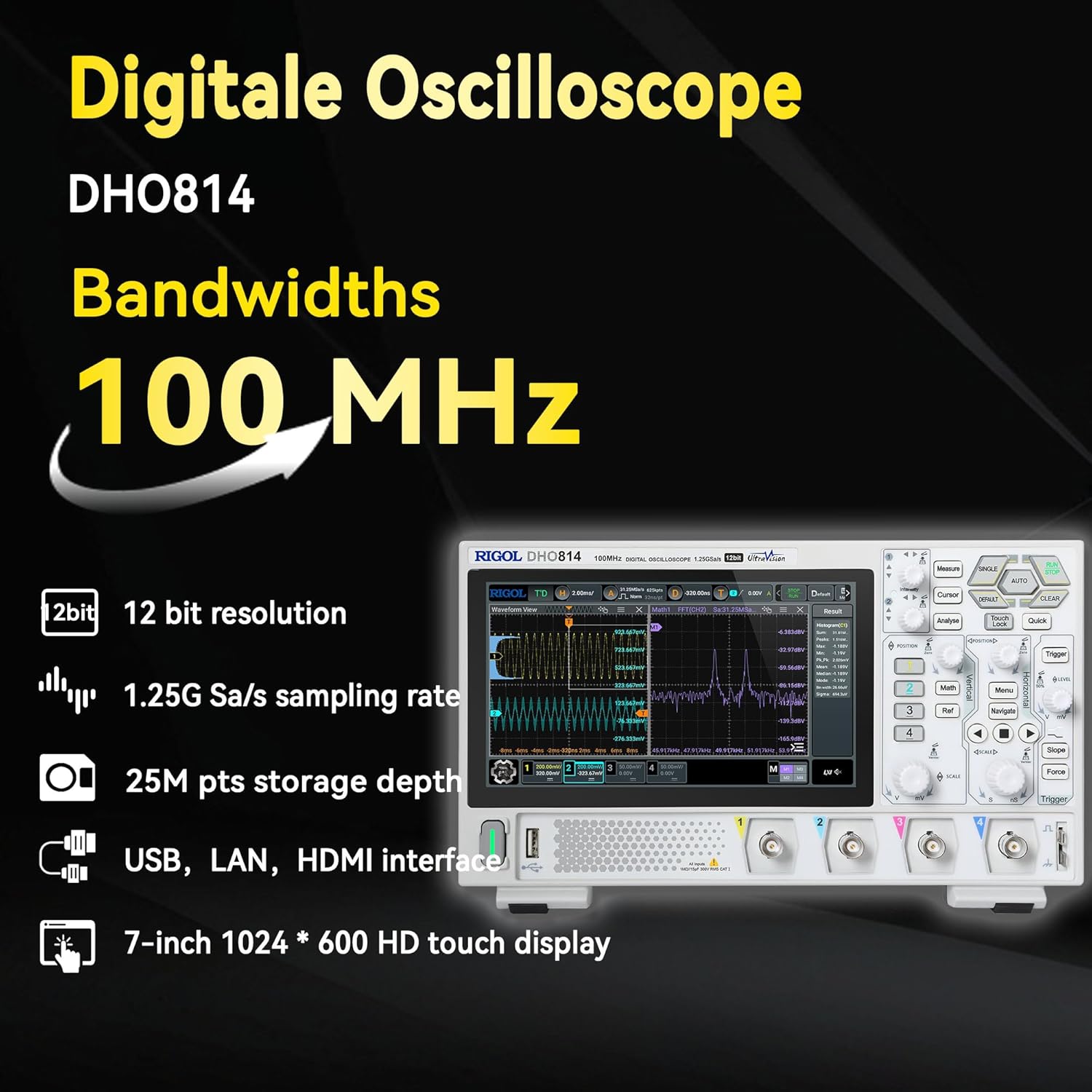 RIGOL DHO814 Portable Digital Oscilloscope, 100MHz Bandwidth, 4 Analogue Channels, 12bit Vertical Resolution, Low Noise Floor, Mobile Power Supply Supportable