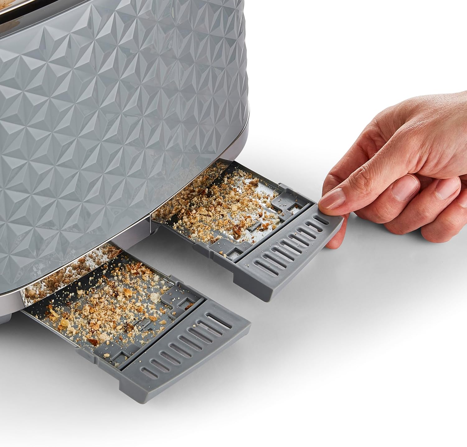 4 Slice Toaster – High Gloss Geometric Design, Defrost & Reheat, Wide Slots, Removable Crumb Tray – Grey