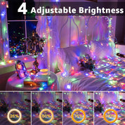 Bedroom with colorful string lights and adjustable brightness indicators.