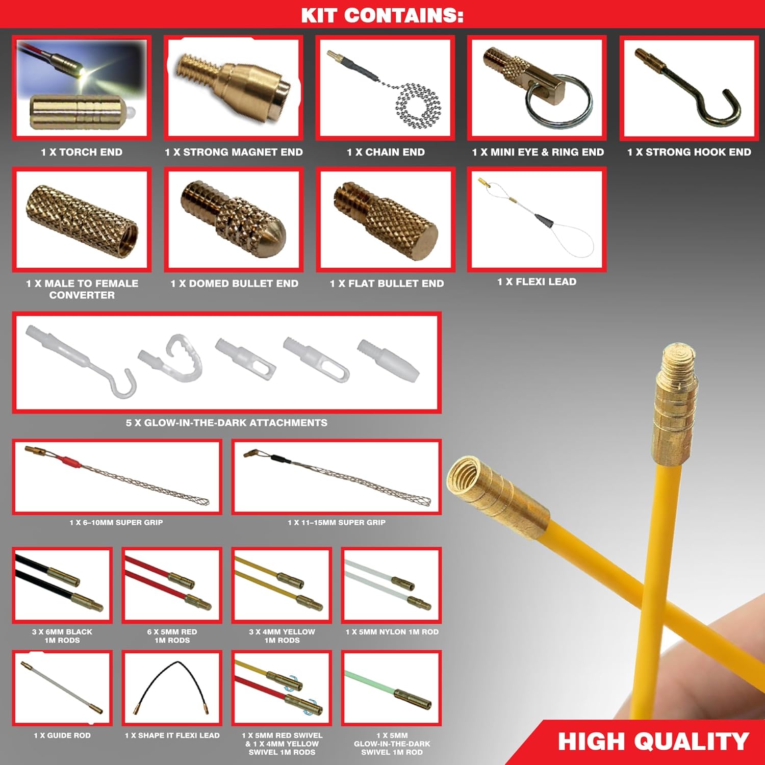 16M Cable Access Rod Kit with 17 Attachments