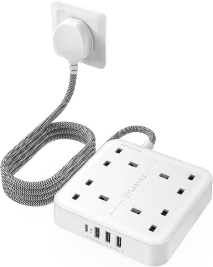 Extension Lead 4-Way 13A 3250W with 1 USB-C & 3 USB, 1.8M Braided Power Strip – White