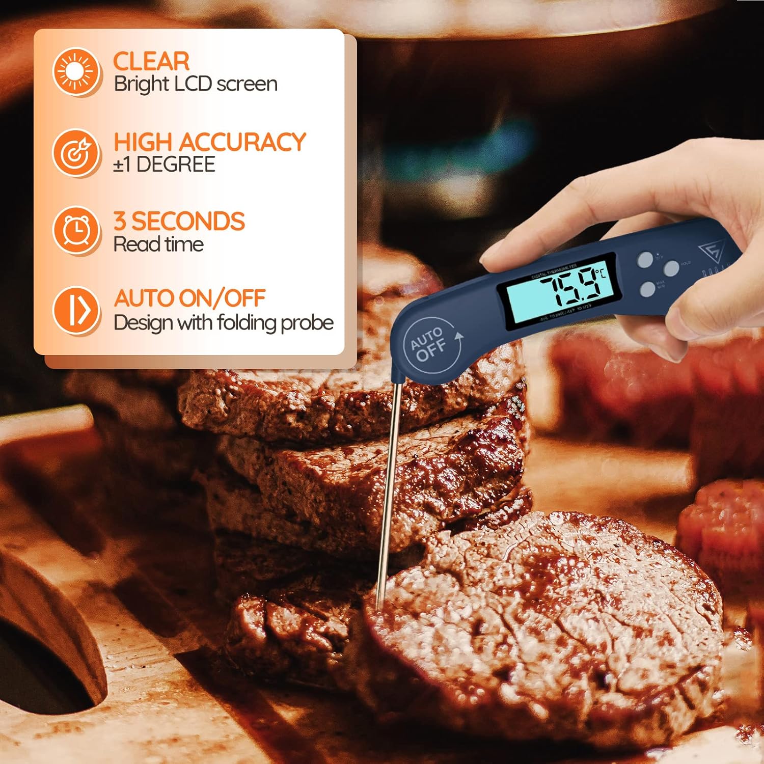 Digital Instant Read Meat Thermometer Navy Blue – Fast, Accurate, Foldable Probe