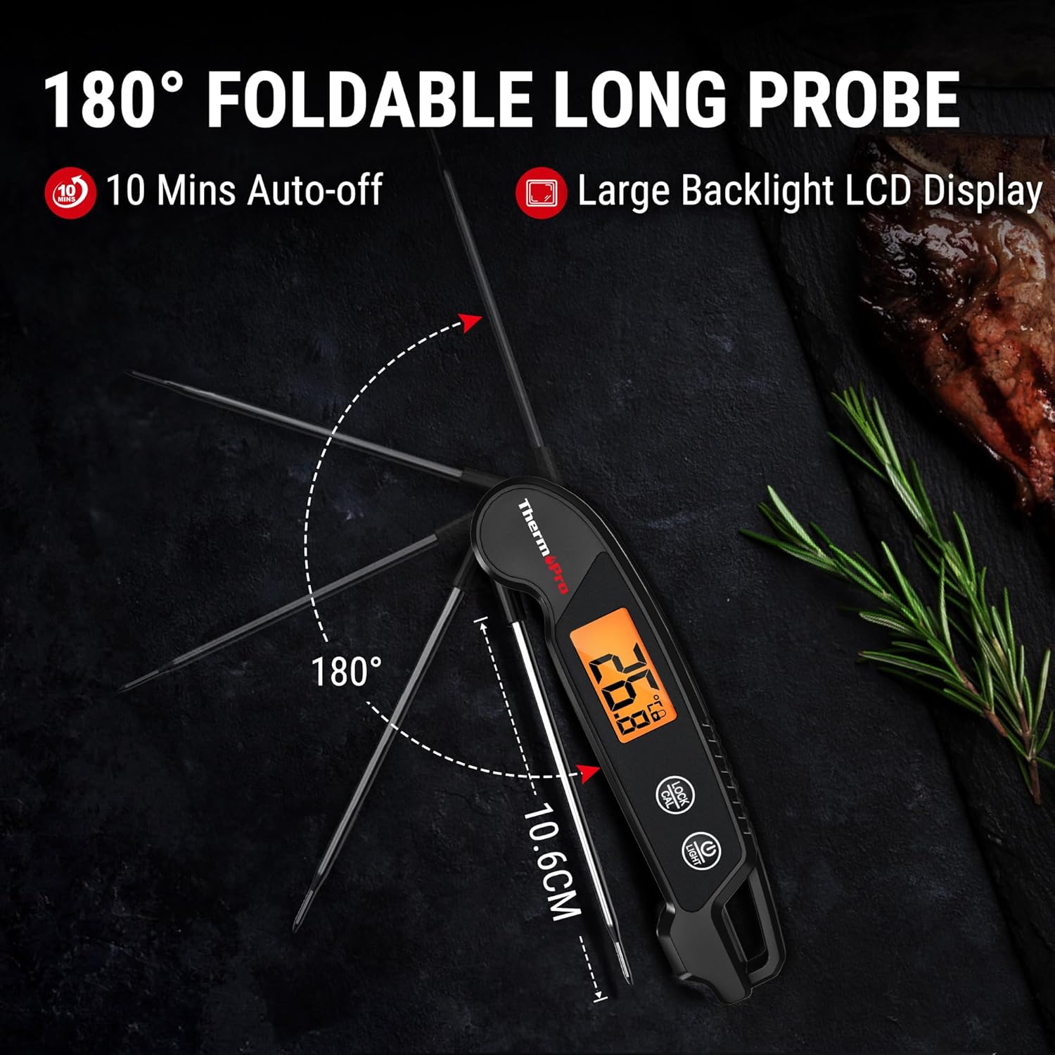 TP603B Black Digital Meat Thermometer for BBQ with Backlit LCD