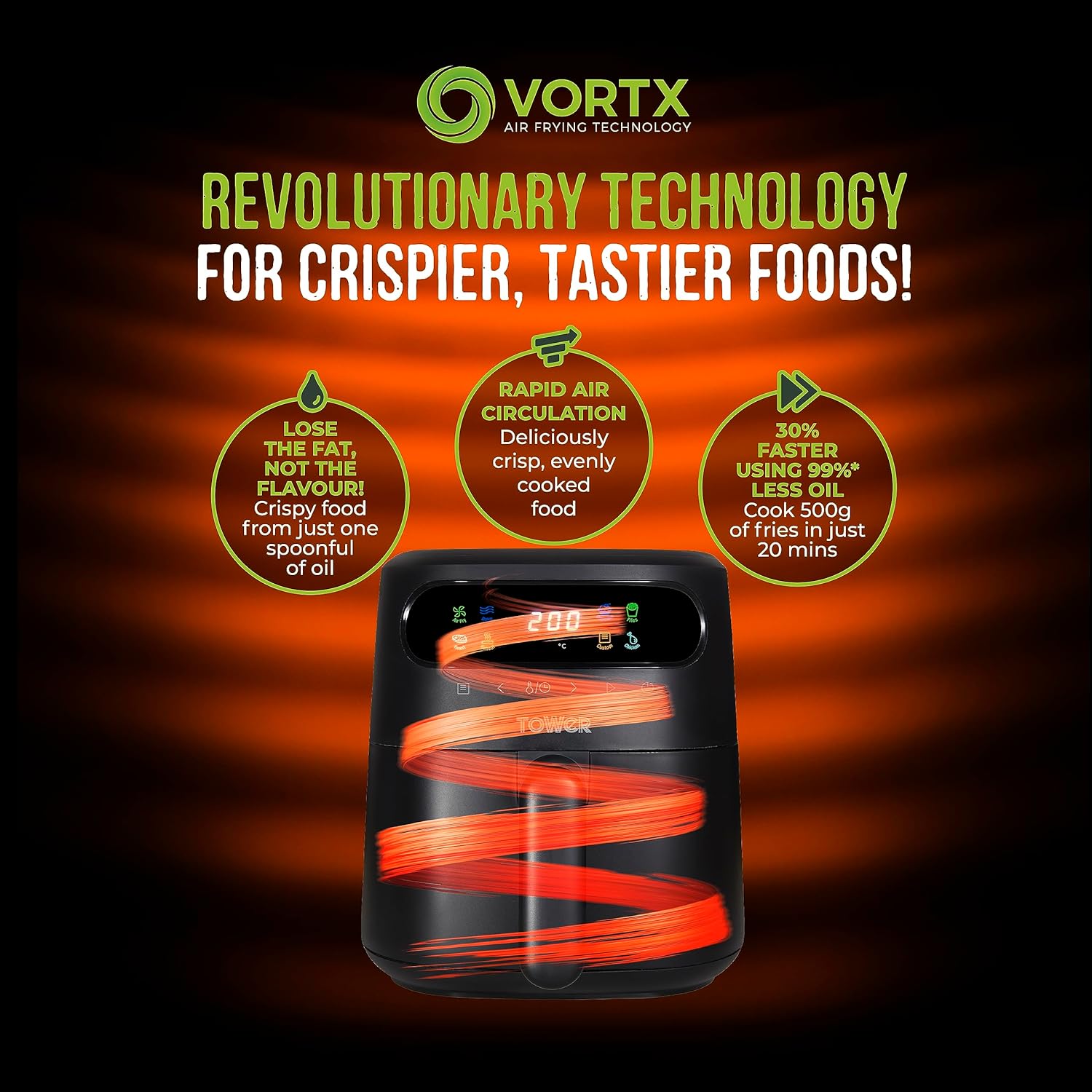 Tower T17125 Vortx 3L Digital Air Fryer – 1200W, Colour Display, Touch Controls & 7 One-Touch Presets, Healthy Low-Oil Cooking, Black