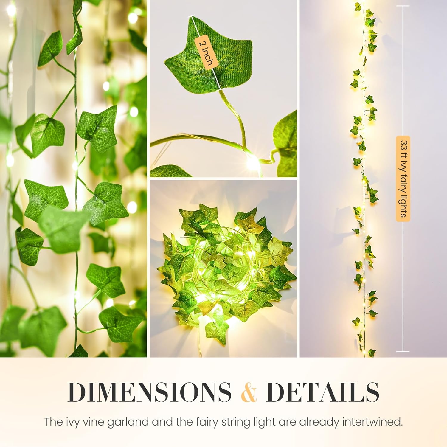 Artificial Ivy Vine Fairy Lights with Remote, 100 LED Warm White Battery and USB Powered Garland for Indoor and Outdoor Wall Décor