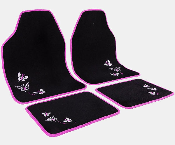 Universal Car Floor Mats Set of 4 – Black with Pink Edging & Butterfly Design