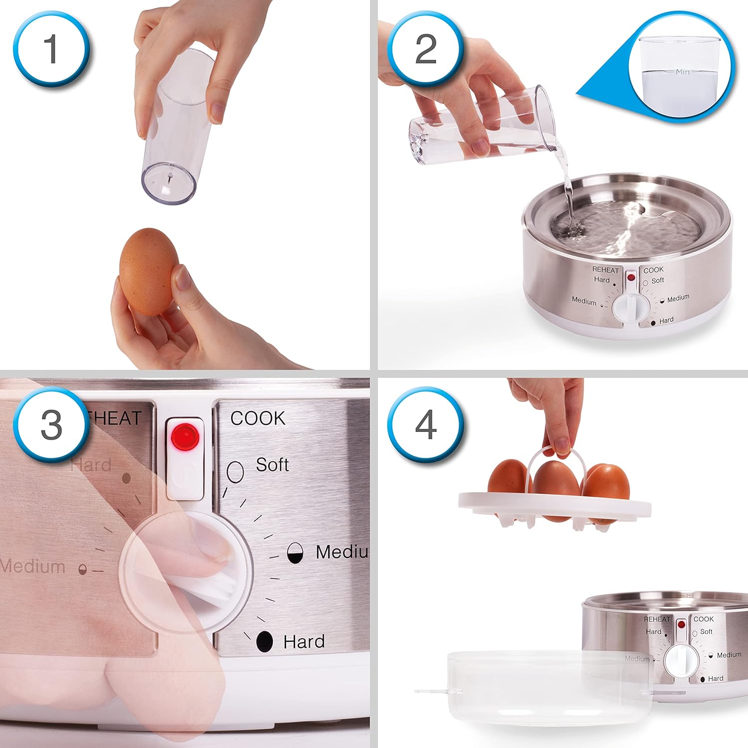 Electric Egg Boiler EB35 350W 7-Egg Steamer with Omelette & Poaching Trays – White & Stainless Steel