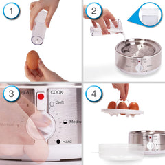 Electric Egg Boiler EB35 350W 7-Egg Steamer with Omelette & Poaching Trays – White & Stainless Steel