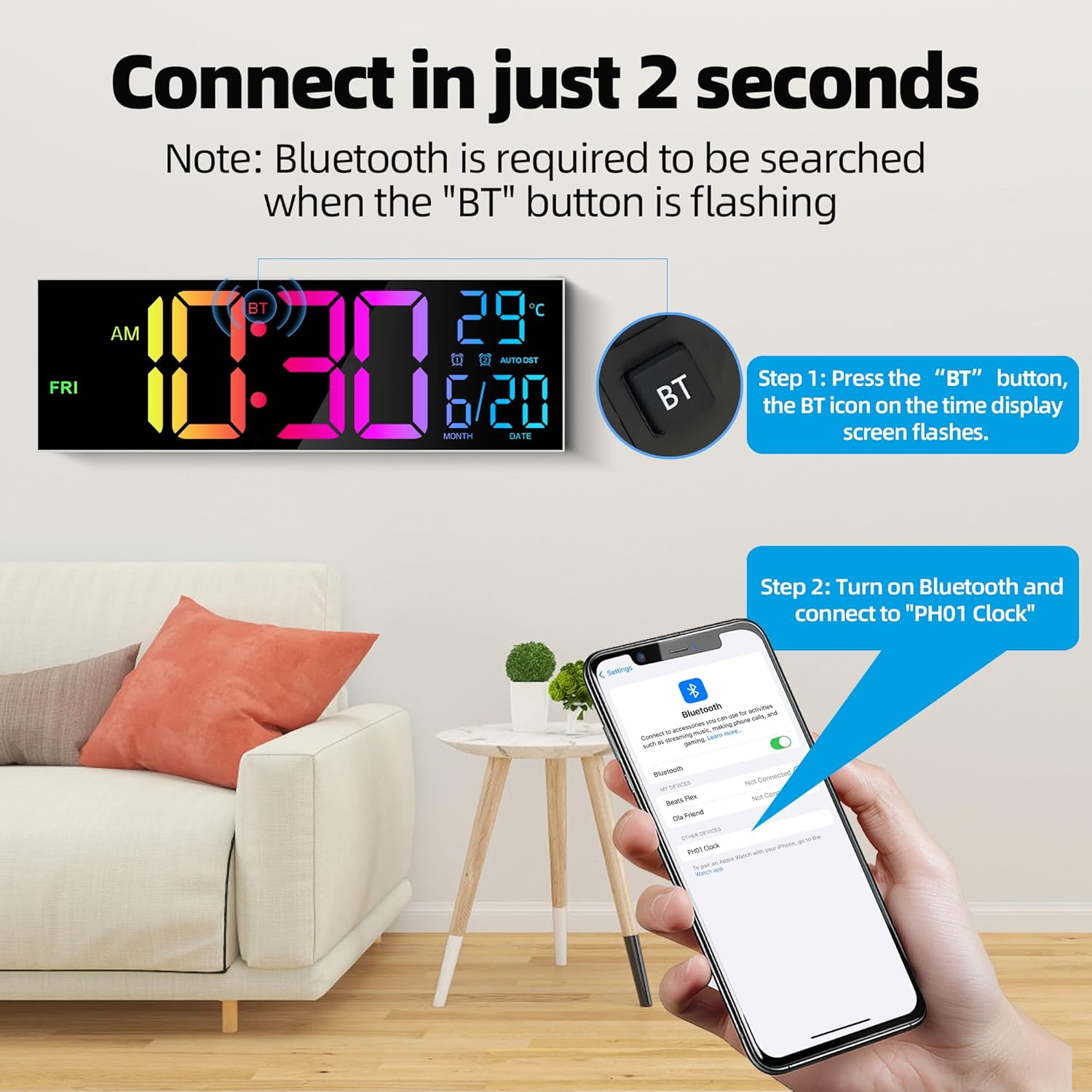 Large Digital LED Wall Clock – Bluetooth, Remote, Alarm, RGB, Temp & Auto DST