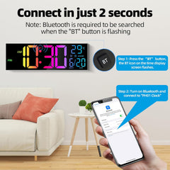 Large Digital LED Wall Clock – Bluetooth, Remote, Alarm, RGB, Temp & Auto DST