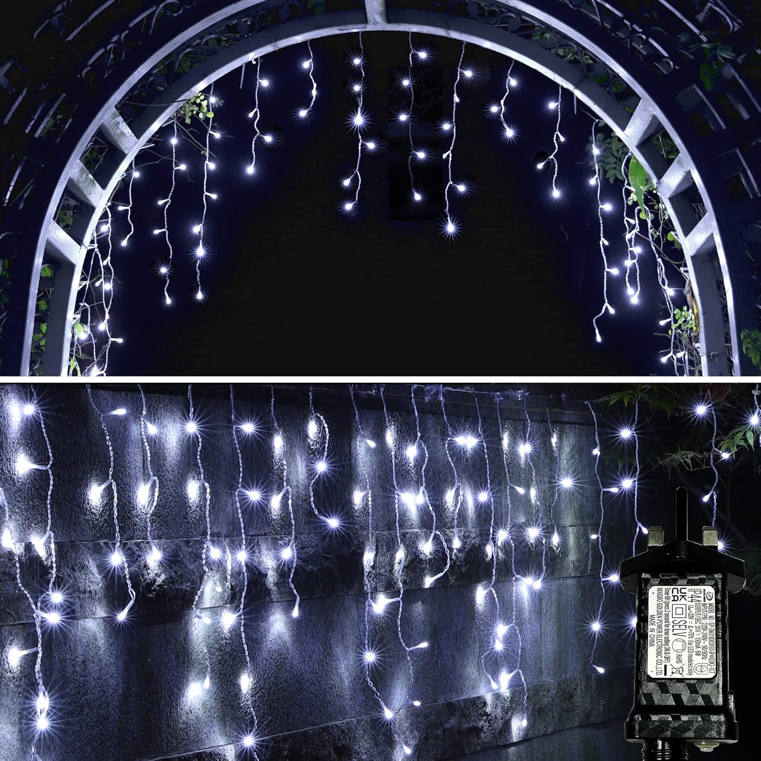 300 LED Icicle Curtain String Lights, 9M/29ft with Timer and 8 Modes, for Indoor and Outdoor Christmas, Halloween, Gazebo, Eaves, and Stairs Decor (White)