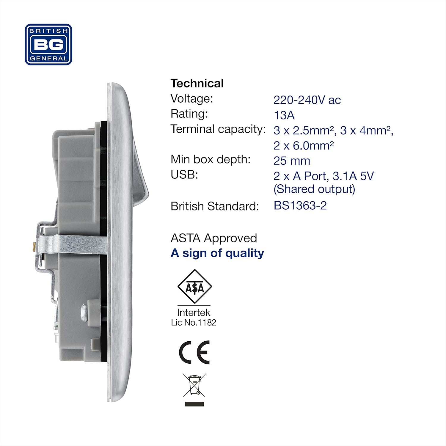 BG Electrical Double Switched Power Socket with 2 USB Ports