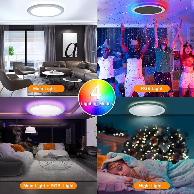 Modern Ultra-Thin 13" LED Ceiling Light, Dimmable RGB with Remote, 30W Flush Mount, 3000-6500K Sidelight Glow