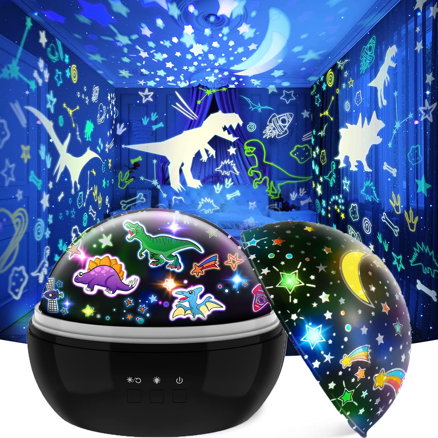 Dinosaur night light projector for boys, ages 2-12. Ideal sensory light toy and gift for ages 1-7.