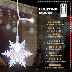Decorative string lights with a snowflake design and remote control displaying lighting modes.