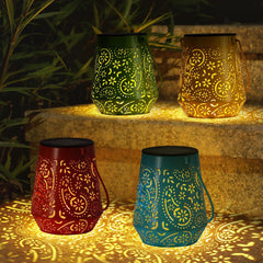 Garden Lights Outdoor Solar Lantern, 4 Pack, Colorful Hanging Metal Lamp, IP44 Waterproof, Moroccan Decoration Ornaments for Patio, Fence, Tree, Room, Outside, Multicolors