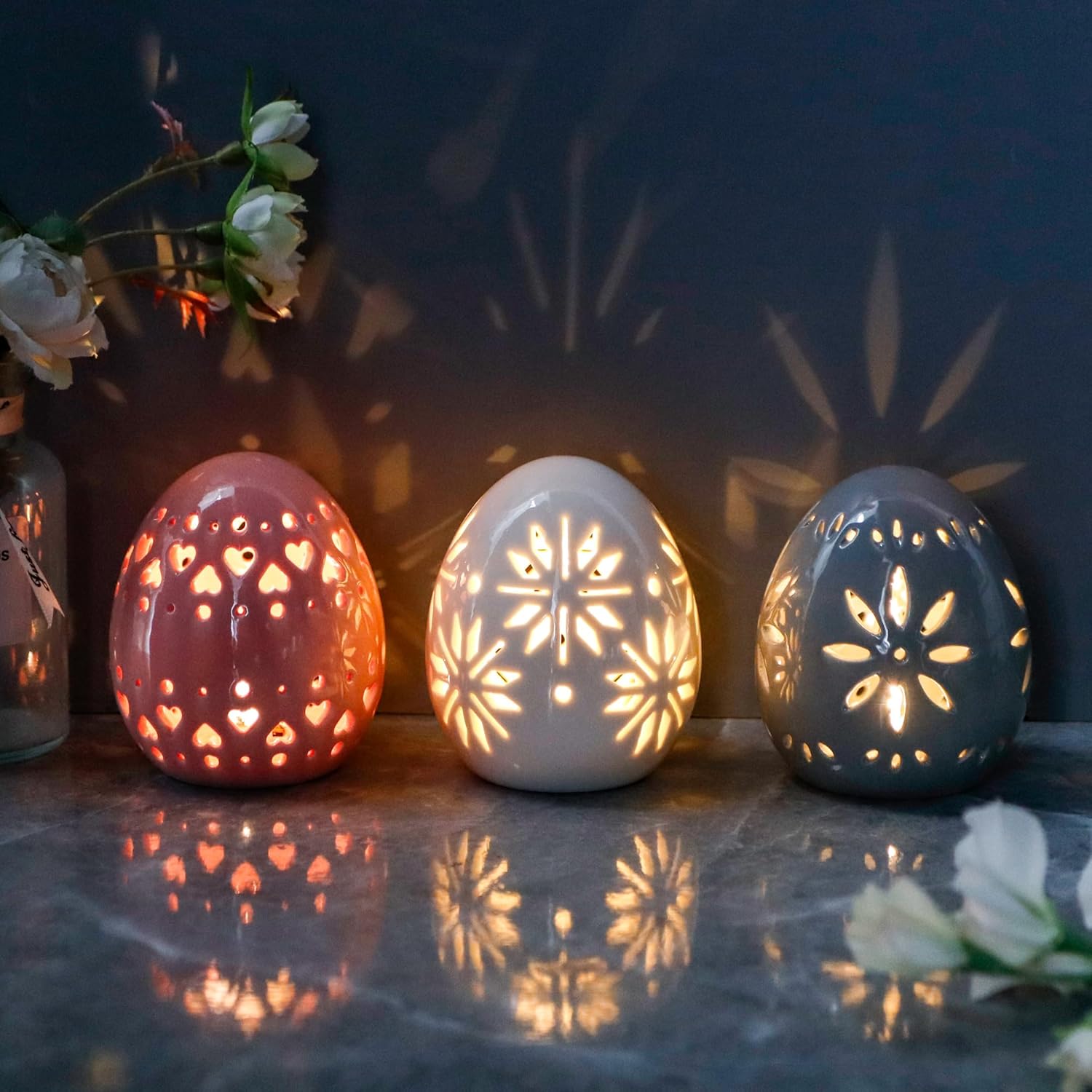 Set of 3 Ceramic Floral Carved Decorative Table Lamps, Battery Powered Cordless Mood Lanterns for Bedroom, Living Room, Weddings & Events (Egg Design)