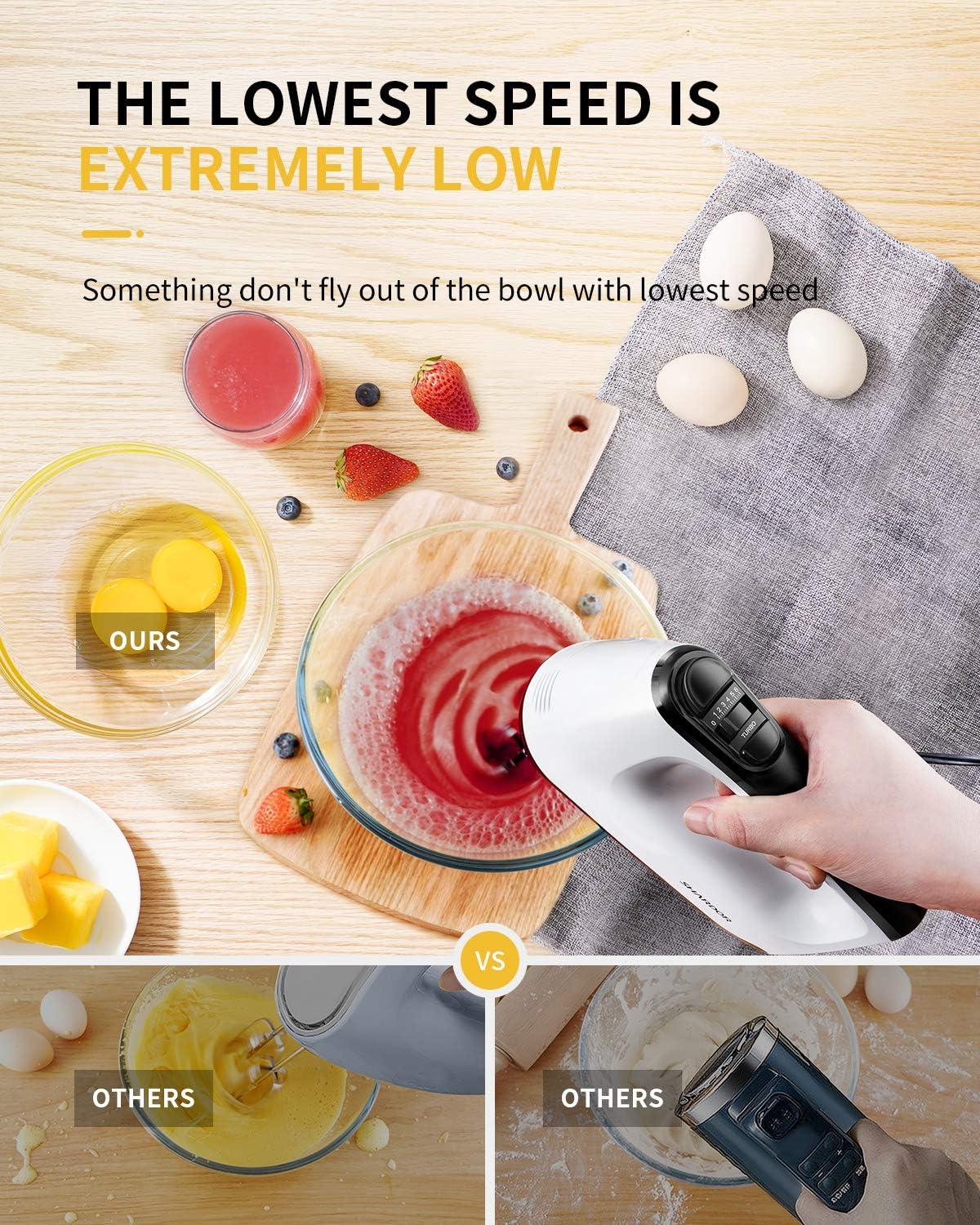 400W Electric Hand Mixer with 6 Speeds & Turbo – 5 Stainless Steel Attachments, Anti-Splash Whisk + Storage Case