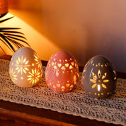 Set of 3 Ceramic Floral Carved Decorative Table Lamps, Battery Powered Cordless Mood Lanterns for Bedroom, Living Room, Weddings & Events (Egg Design)