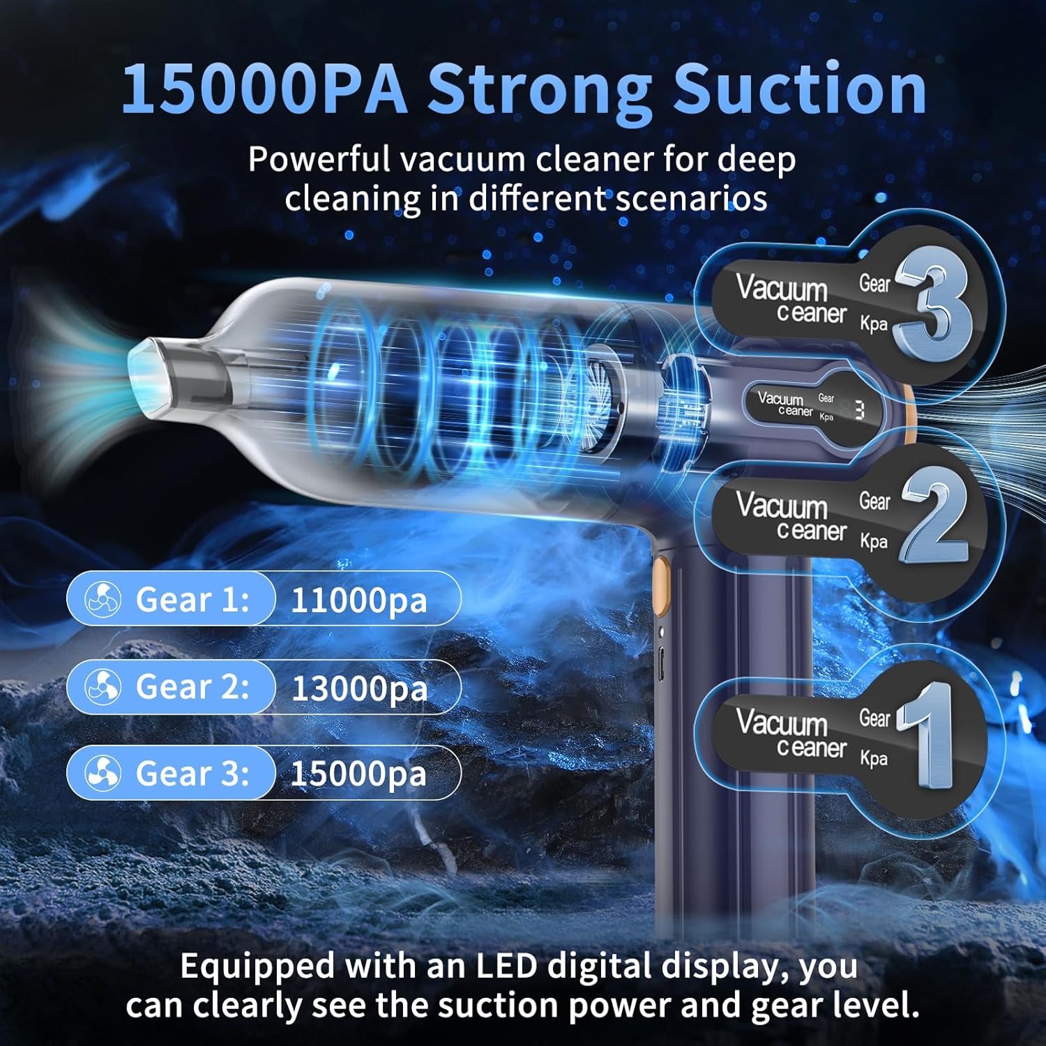 Handheld Car Vacuum Cleaner 15000Pa Powerful Cordless Blue Mini Cleaner