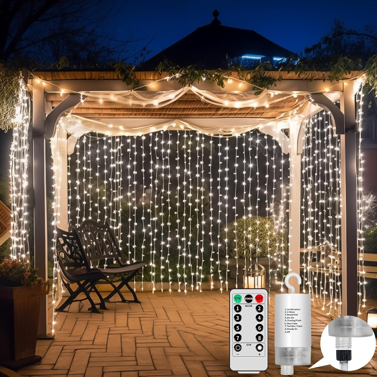 6M X3M 600LED Solar Fairy Curtains String Lights Waterproof with Remote Control & 8 Modes, Solar Panel and Tpye C Powered for Gazebo Patio Party Festival Outdoor Decorations