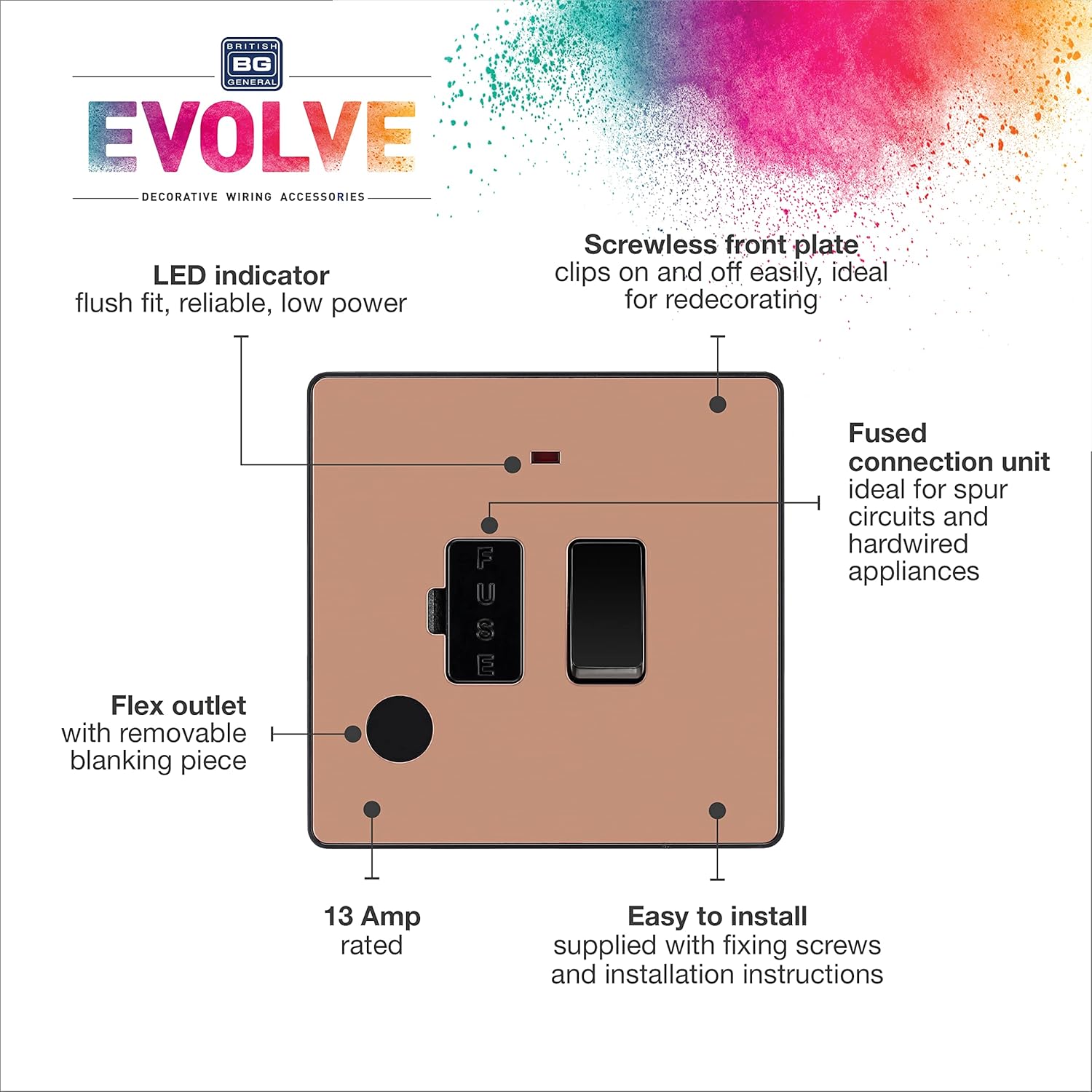 BG Electrical Switched Fused Connection Unit with LED Power Indicator and Flex Outlet, Fused Spur Switch, Double Pole, Screwless Front Plate, Round Edges, Evolve, Polished Copper, 13A, PCDCP52B