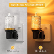 Two night lights with light sensor functionality on a gray and brown background.